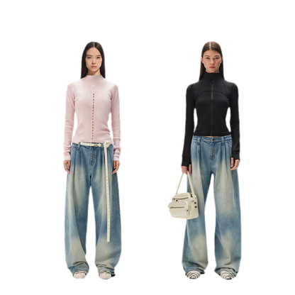 Washed Pleated Wide-Leg Jeans