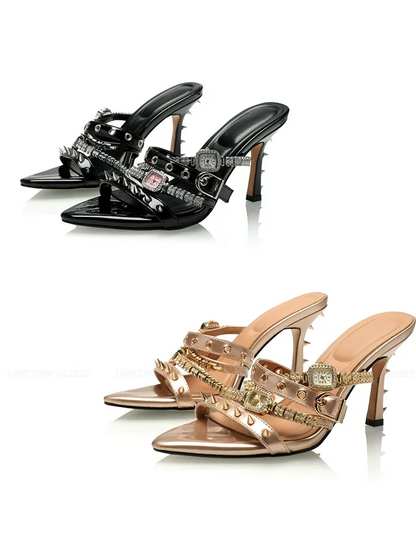 Patent Rivet Stiletto Sandals