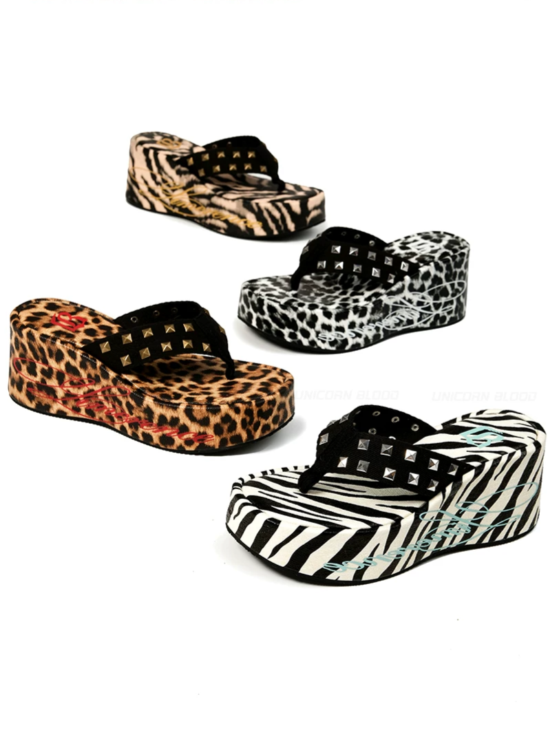 Studded Animal Print Platform Slides