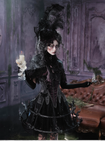 Chân váy dạ hội gothic xếp tầng đính hạt cườm