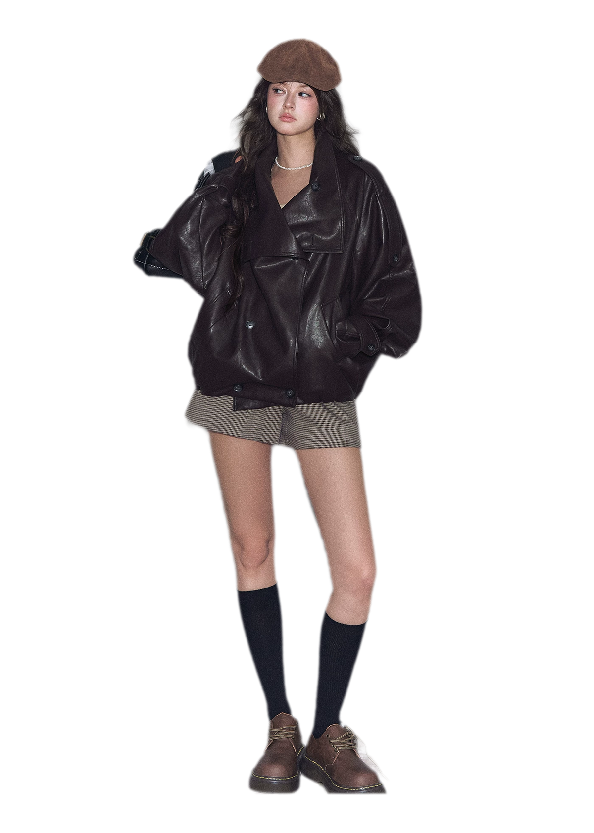 Faux-Leather Oversized Double-Breasted Jacket