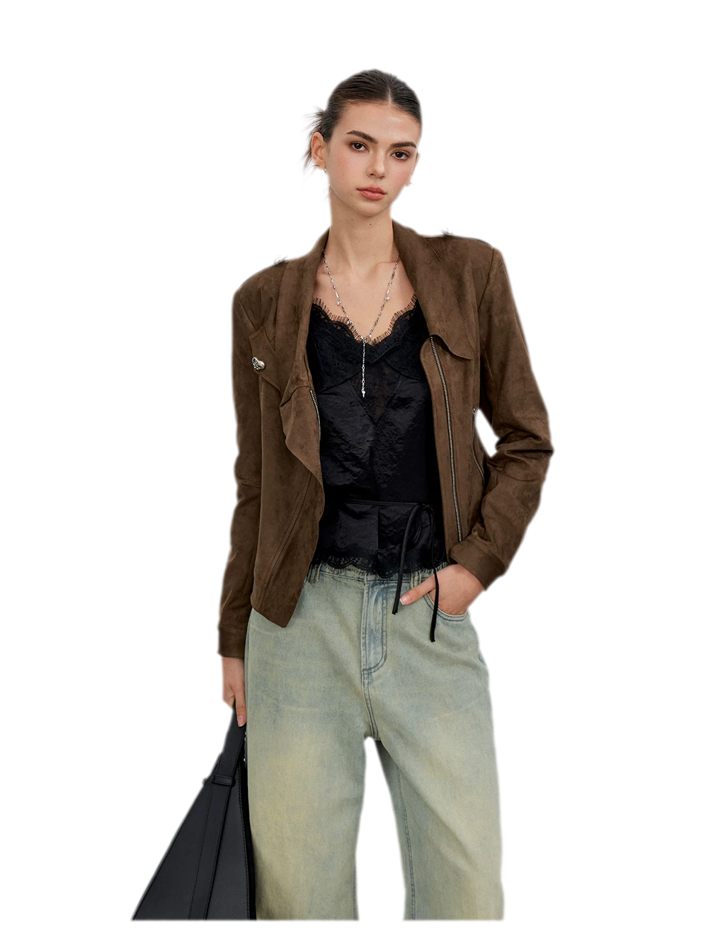 Suede-Effect Asymmetric Cropped Jacket