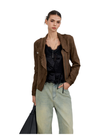 Suede-Effect Asymmetric Cropped Jacket