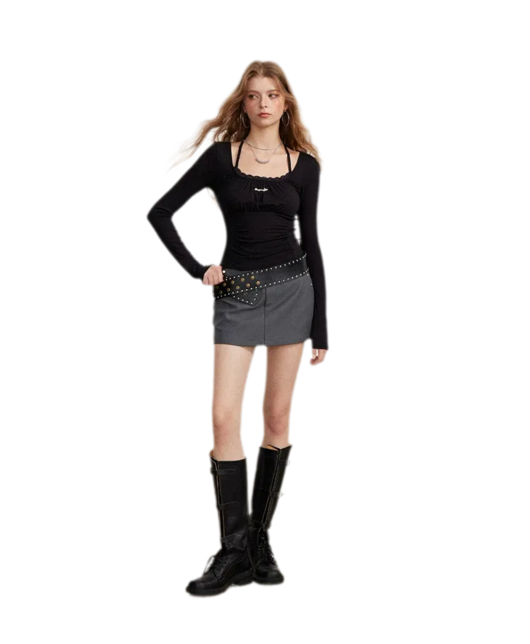 Ruching Lace Trim Long-Sleeve Top