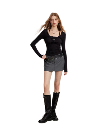 Ruching Lace Trim Long-Sleeve Top