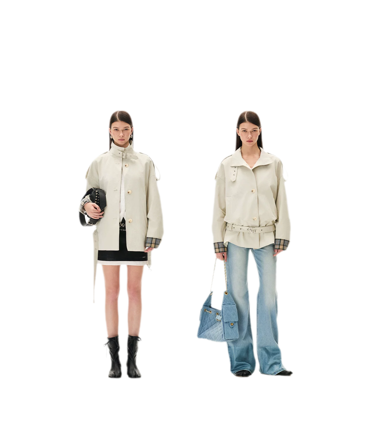 Contrast Plaid Belted Mid-Length Jacket