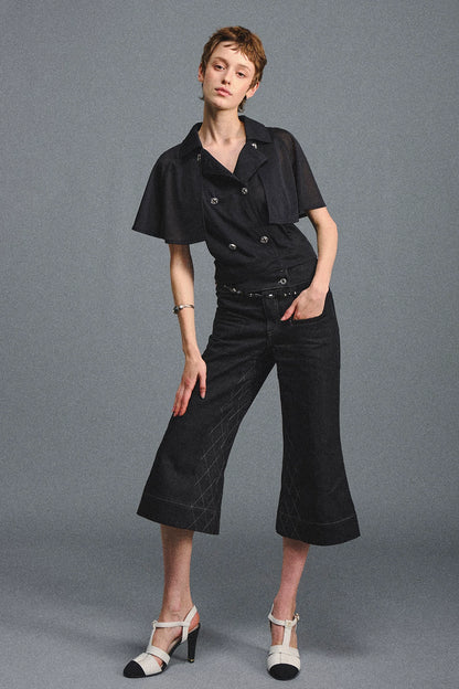 Retro Flare Cropped Jeans with Wide Waistband