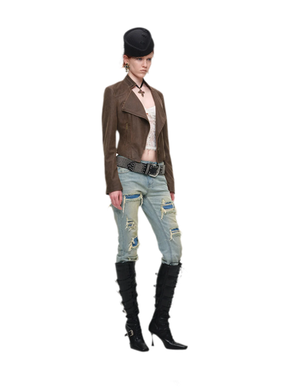 Washed Leather-Look Fitted Jacket