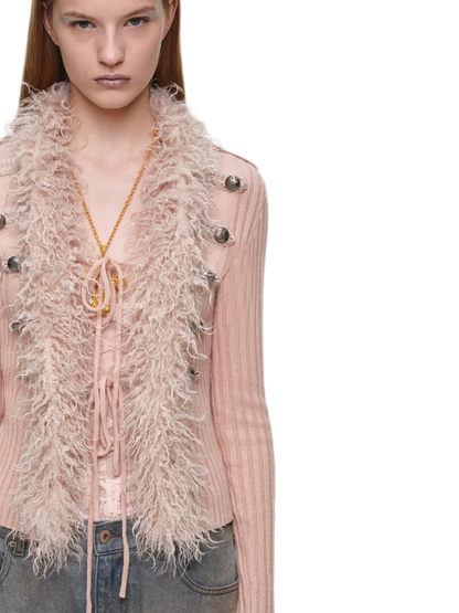 Rib-Knit Fitted Wool-Collar Cardigan