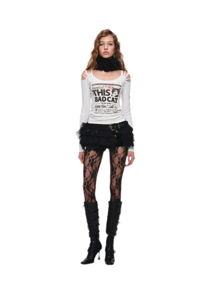 Distressed Graphic Off-Shoulder T-Shirt