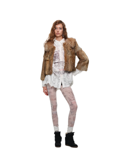 Chaqueta corta de cuello de piel de conejo 100% angora