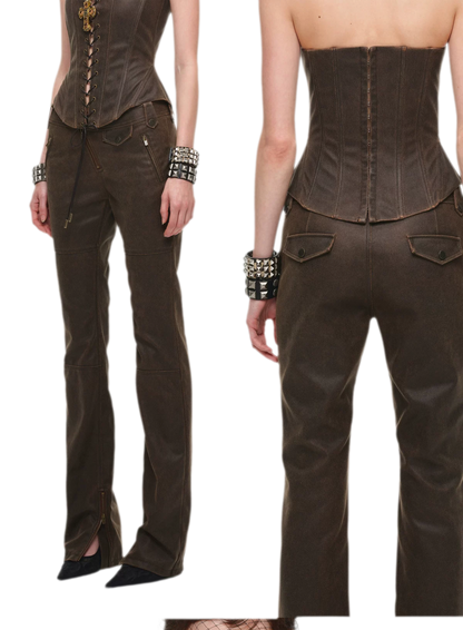 Washed Leather-Look Slim Pants