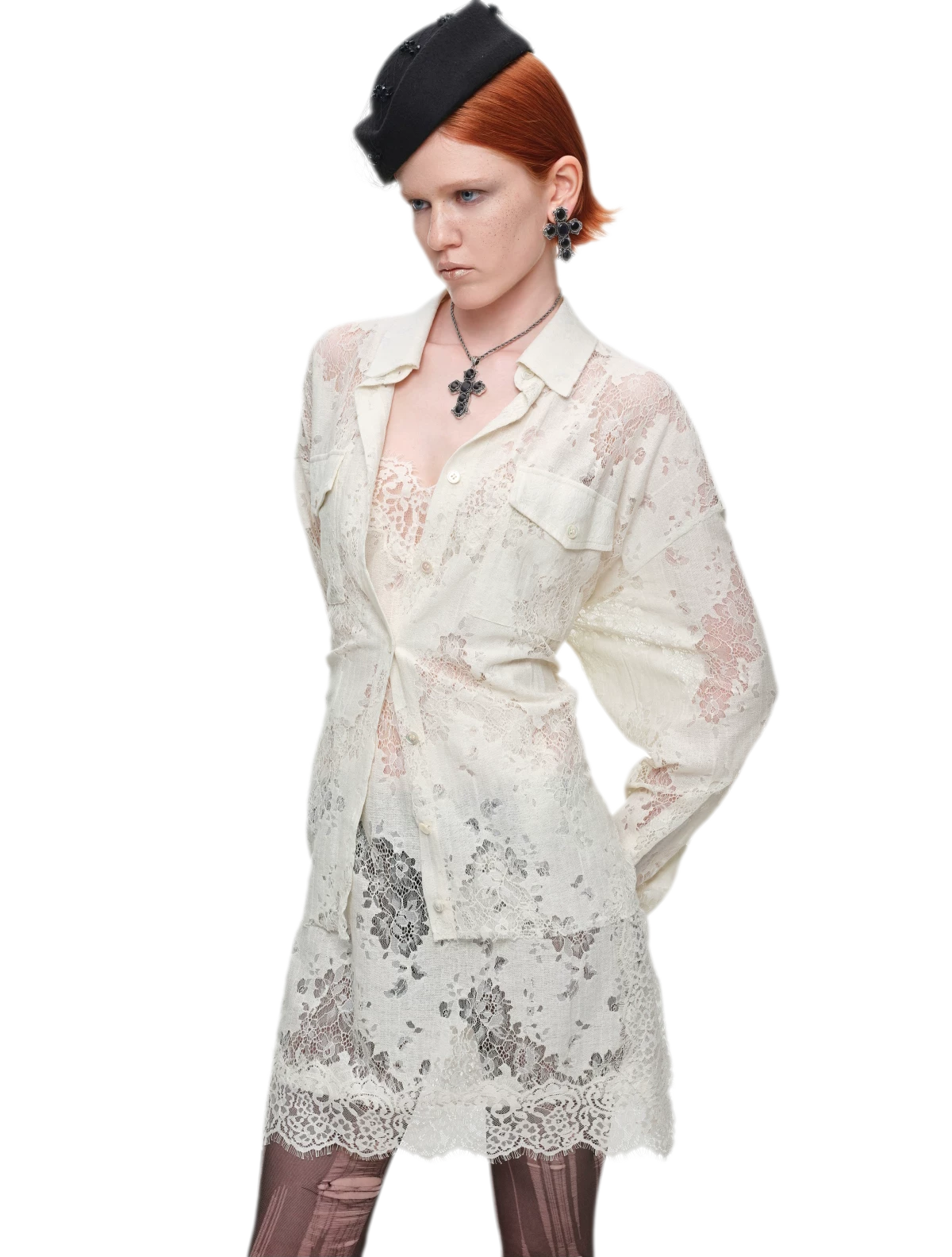 Lace Oversized Tie Shirt