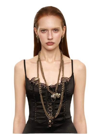 Vintage Multi-Layer Heart Pendant Sweater Necklace