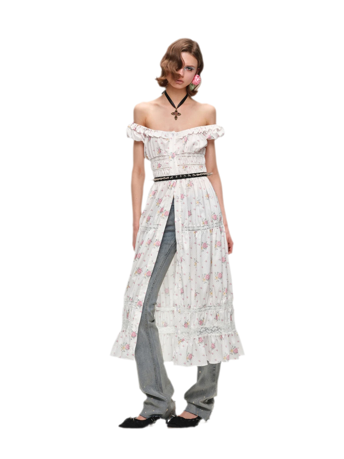 Long Floral Lace Chiffon Dress