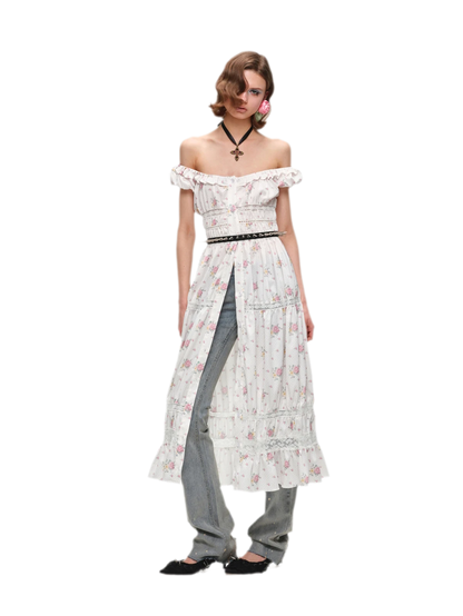 Long Floral Lace Chiffon Dress