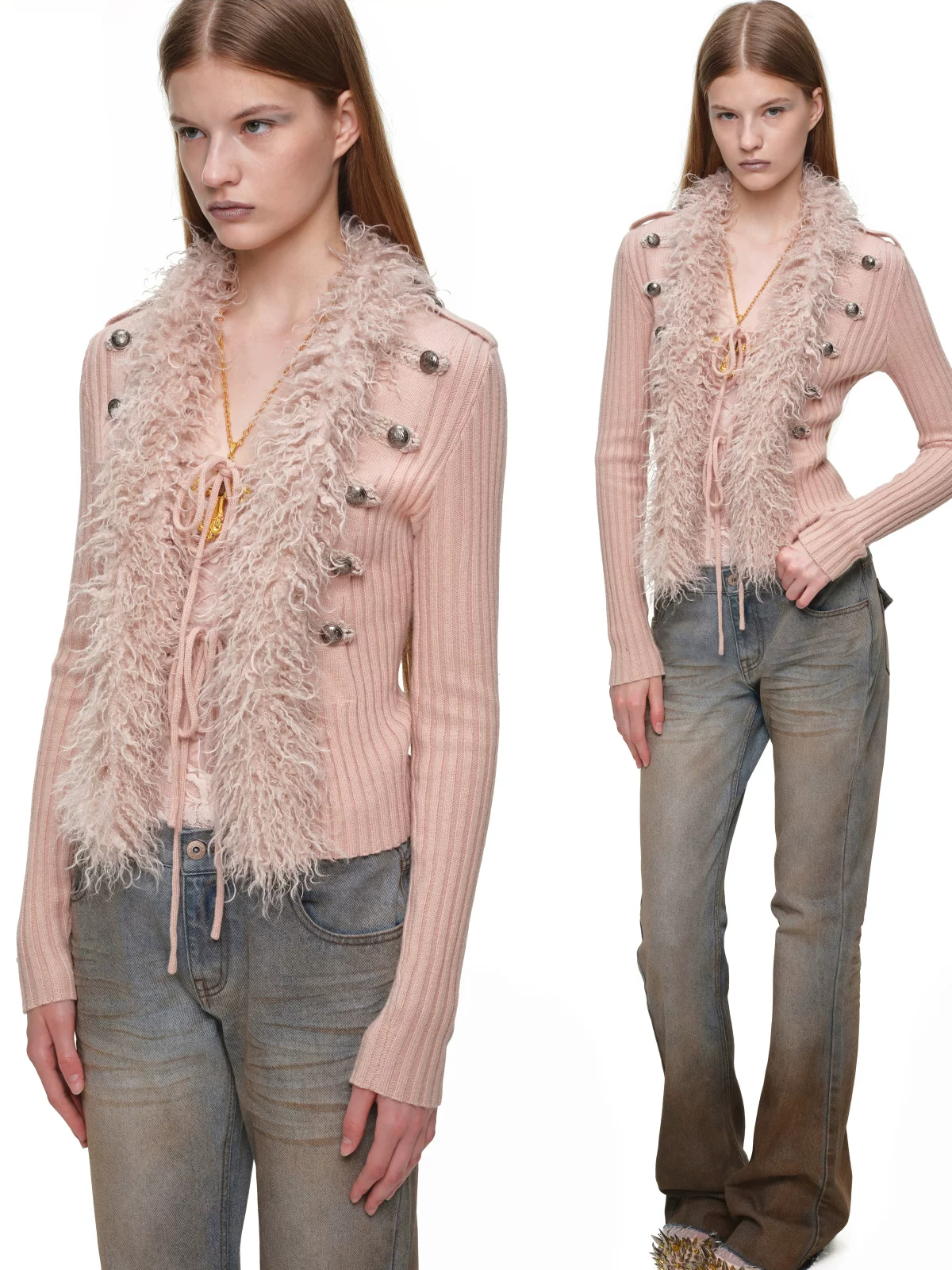 Rib-Knit Fitted Wool-Collar Cardigan