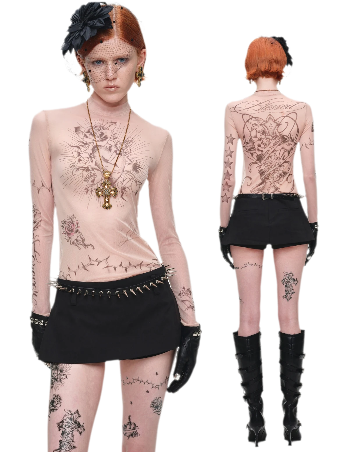 Tattoo Print Mesh Top