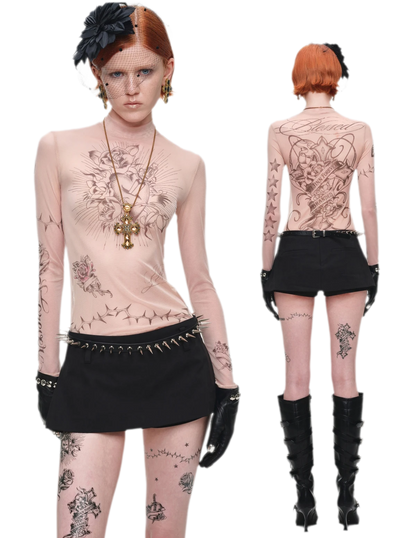 Tattoo Print Mesh Top