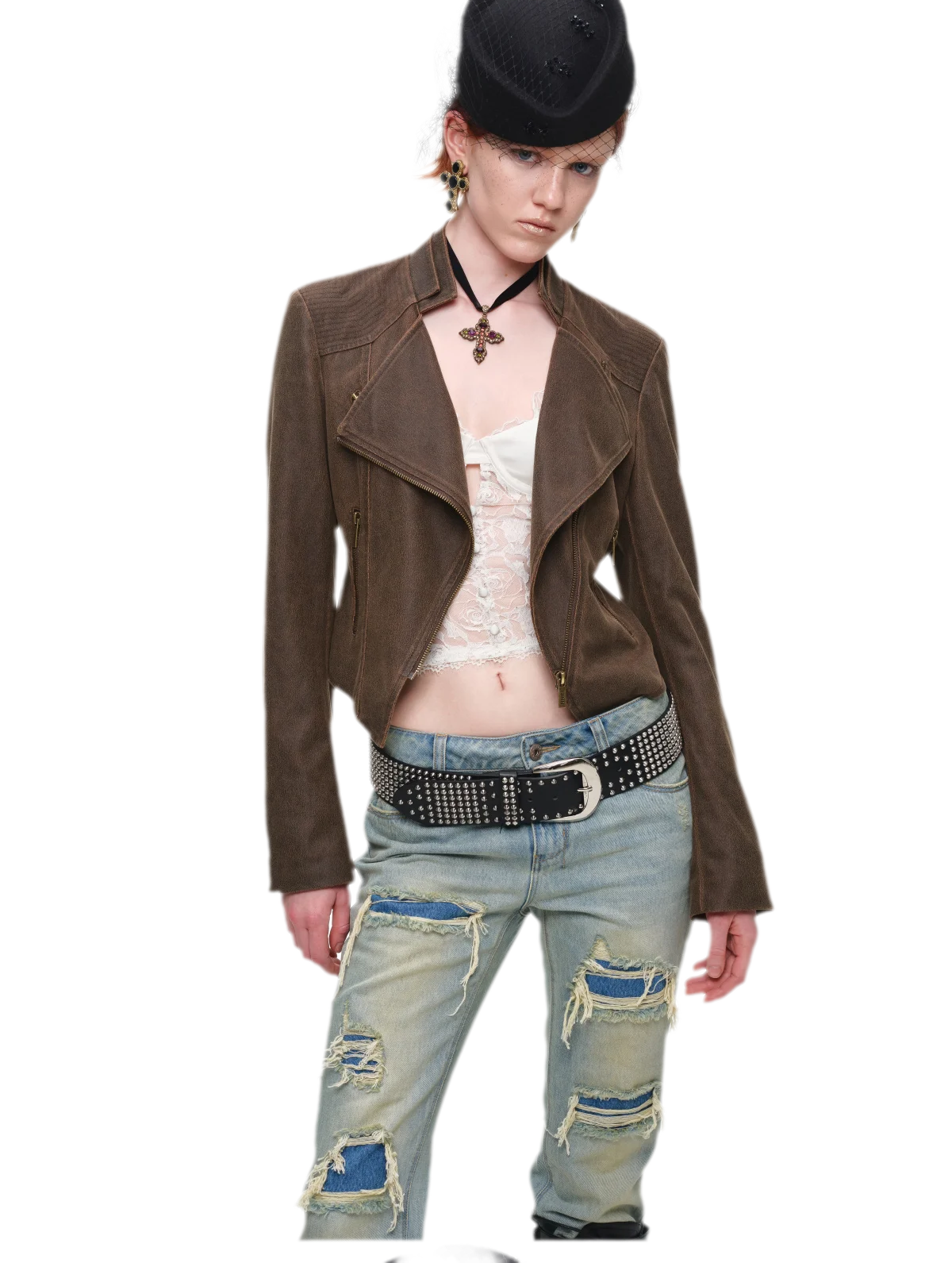 Washed Leather-Look Fitted Jacket