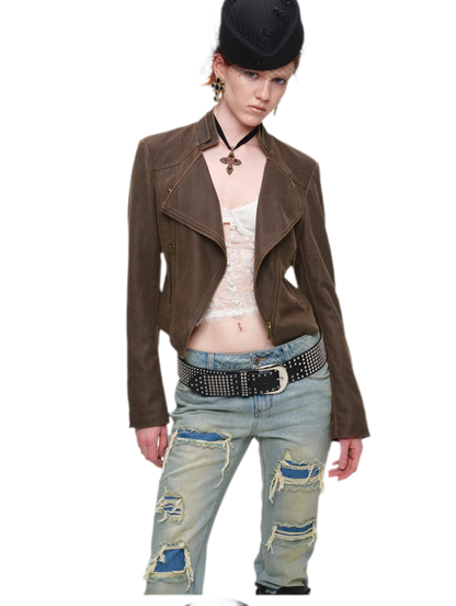 Washed Leather-Look Fitted Jacket