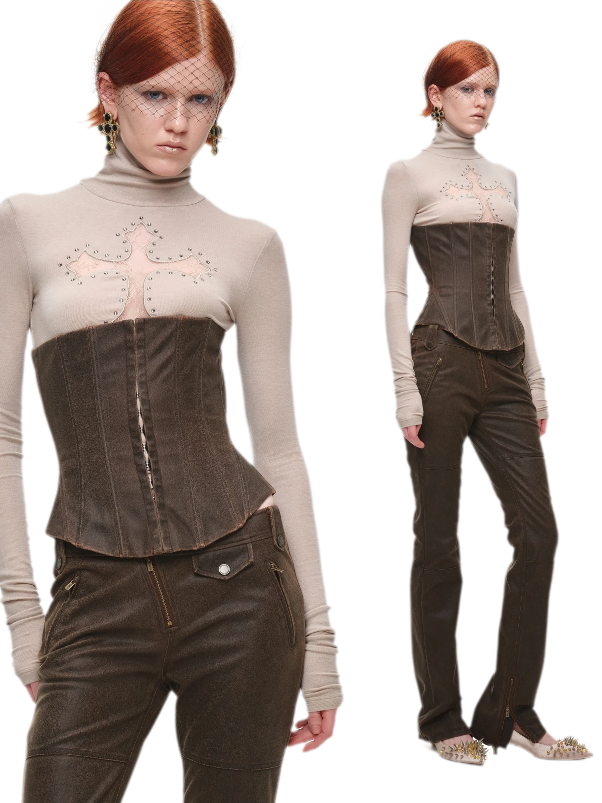 Rhinestone Lace Turtleneck Knit Top