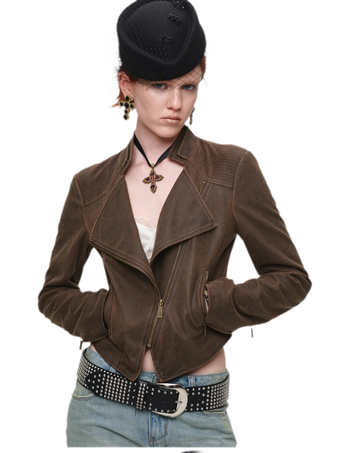 Washed Leather-Look Fitted Jacket