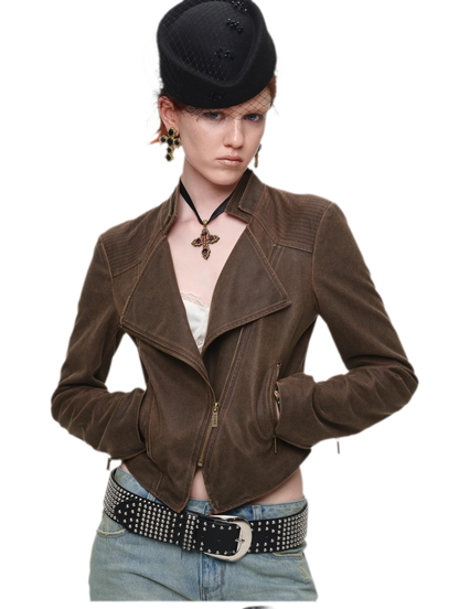 Washed Leather-Look Fitted Jacket