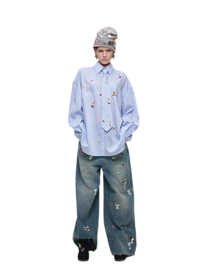 Washed Distressed Wide-Leg Jeans