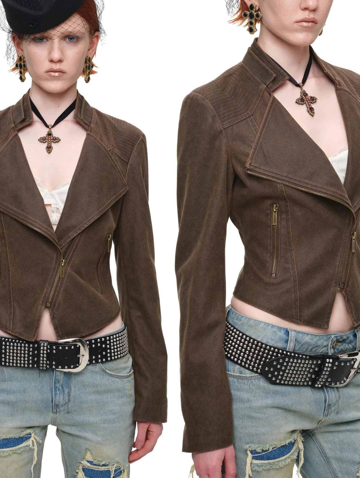 Washed Leather-Look Fitted Jacket