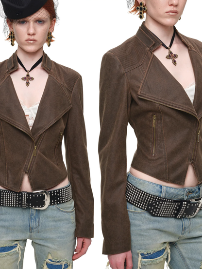 Washed Leather-Look Fitted Jacket