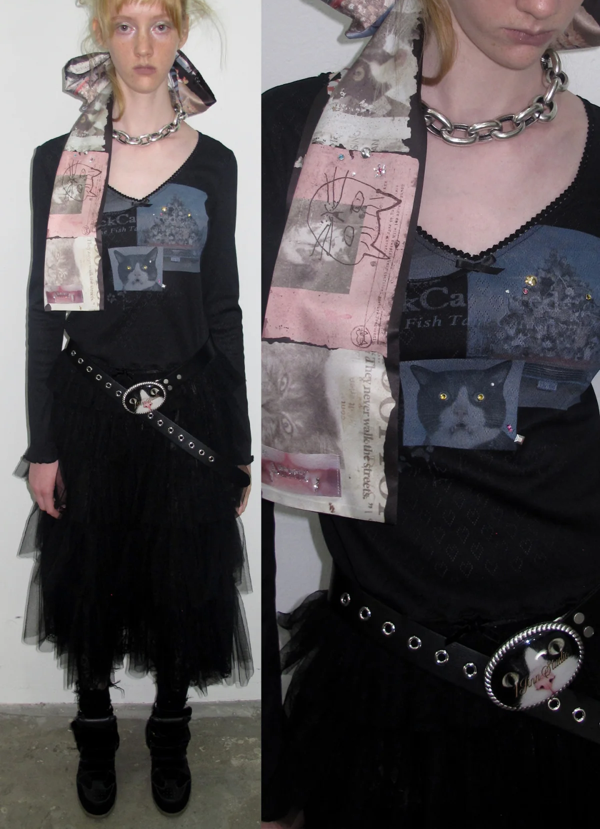 Camiseta de manga larga con ribete de encaje y pedrería