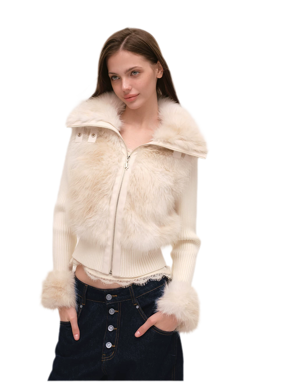 Taillierte Jacke mit Kunstpelz und Stehkragen