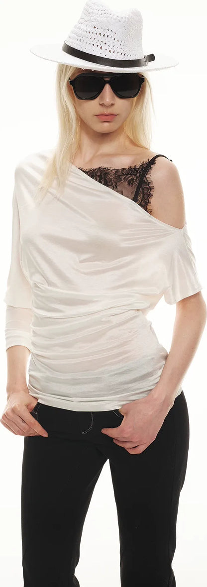 Silky Satin Texture Asymmetric Off-Shoulder Lace Trim T-Shirt