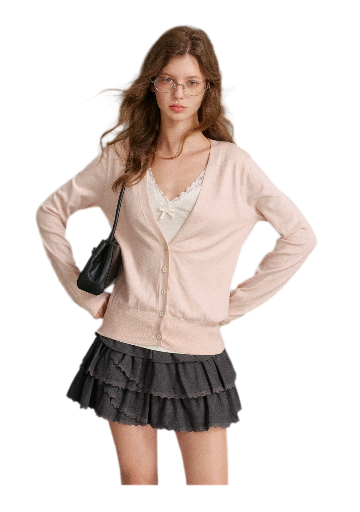 Áo cardigan cổ chữ V viền ren