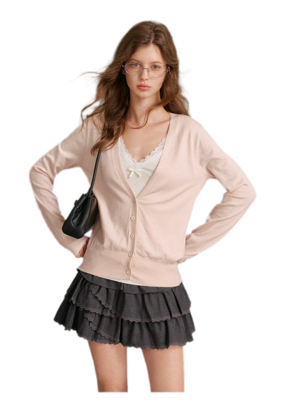 Áo cardigan cổ chữ V viền ren