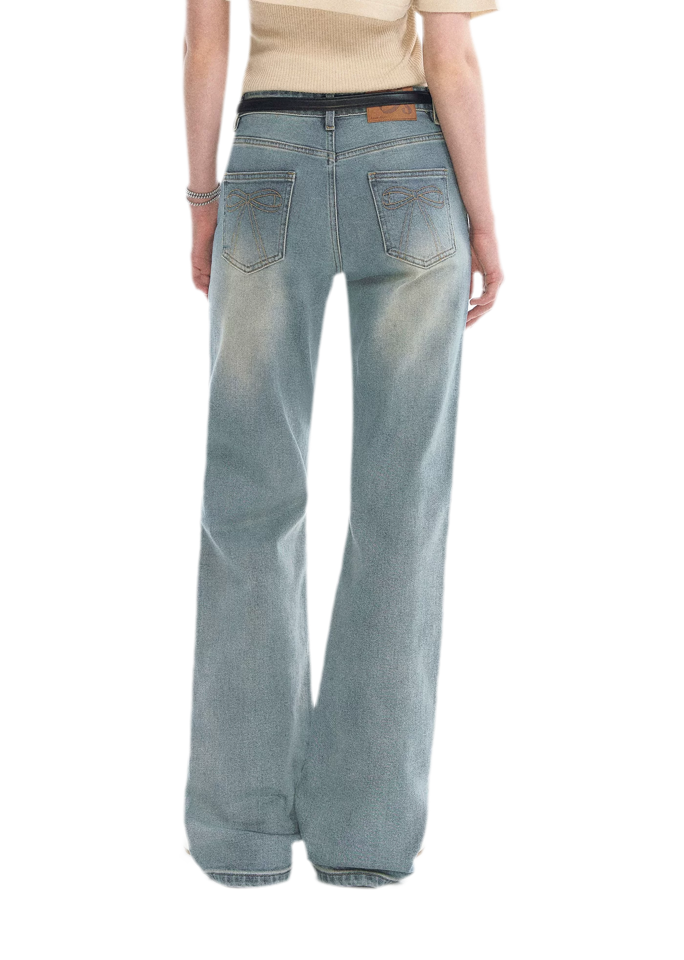 Washed Bow Embroidery Jeans