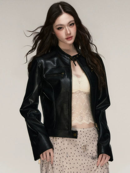 Vintage Stand-Collar Leather Jacket