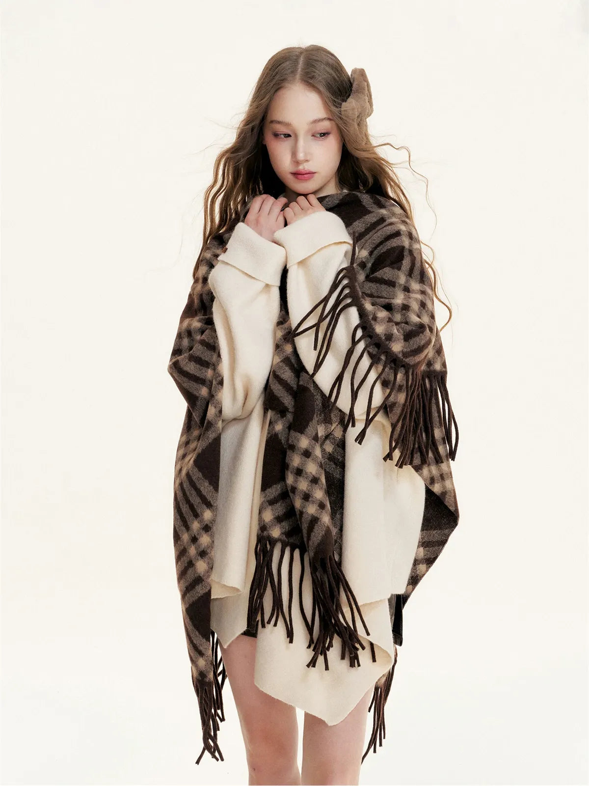 Fleece Checked Fringe Poncho
