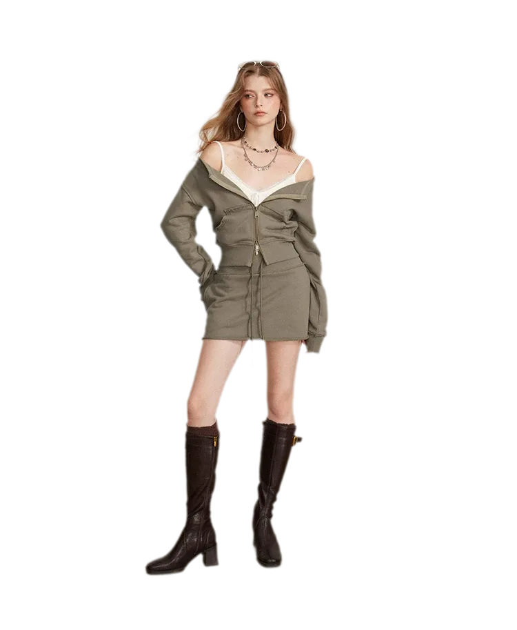 Raw Edge Zip Sweatshirt Set