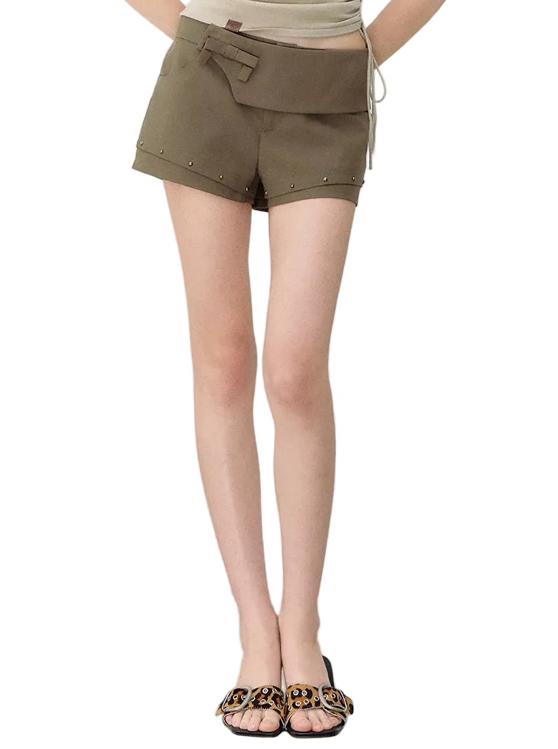 Deconstructed Bow-Tie Hem Studded Shorts