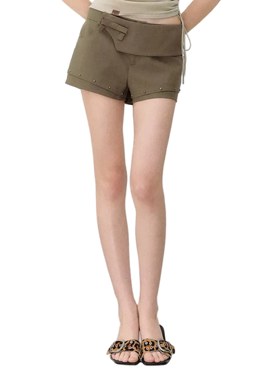 Deconstructed Bow-Tie Hem Studded Shorts