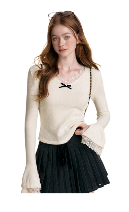Lace Bow V-Neck Knit Top