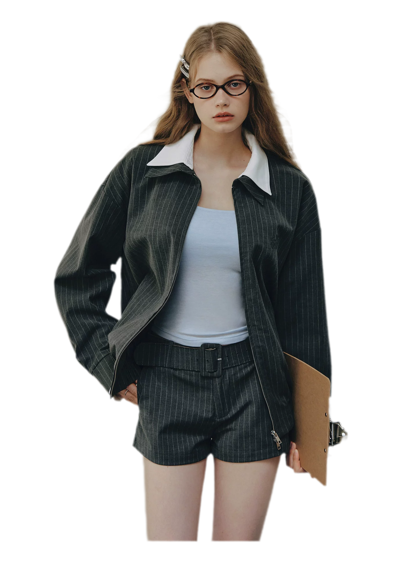 Pinstripe Belted Jacket Shorts Set