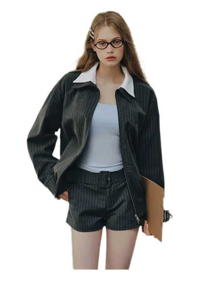 Pinstripe Belted Jacket Shorts Set