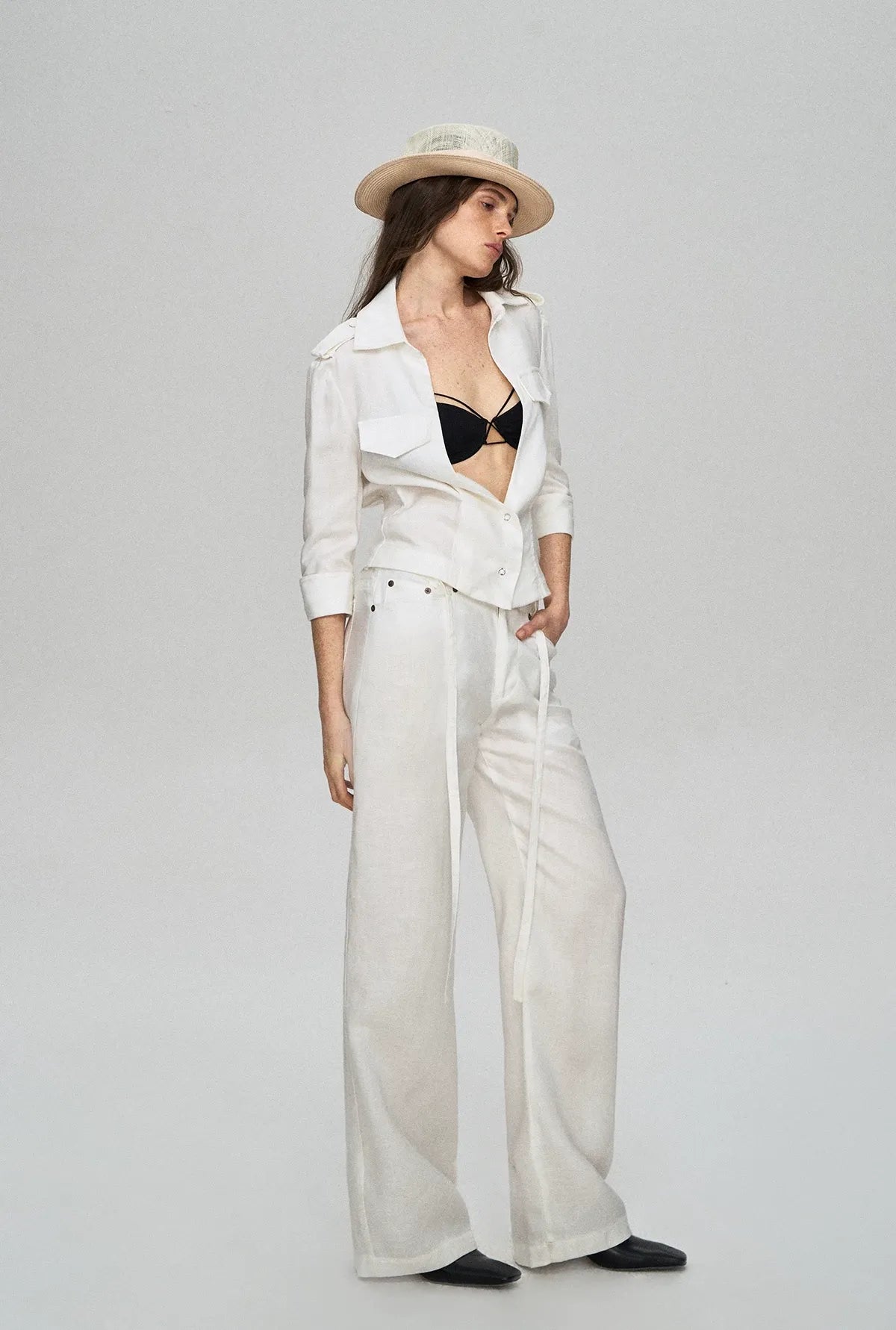 Tencel Linen Cool-Feel Mid-Sleeve Shirt &amp; High-Waist Wide-Leg