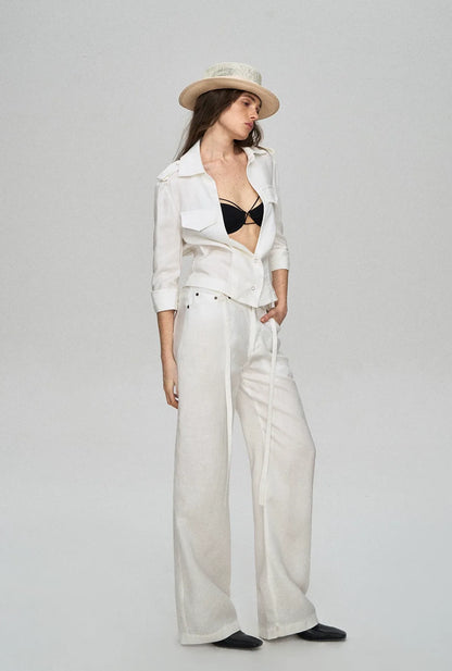 Tencel Linen Cool-Feel Mid-Sleeve Shirt &amp; High-Waist Wide-Leg
