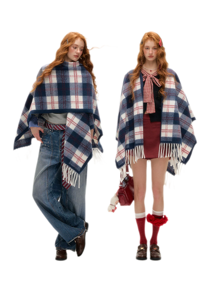 Vintage Plaid Fringed Shawl