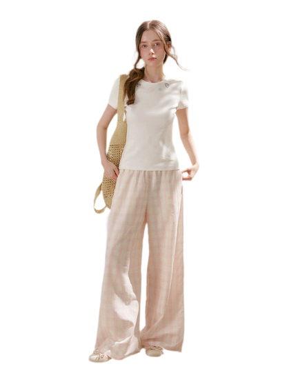 Linen Checkered High-Waist Wide-Leg Pants