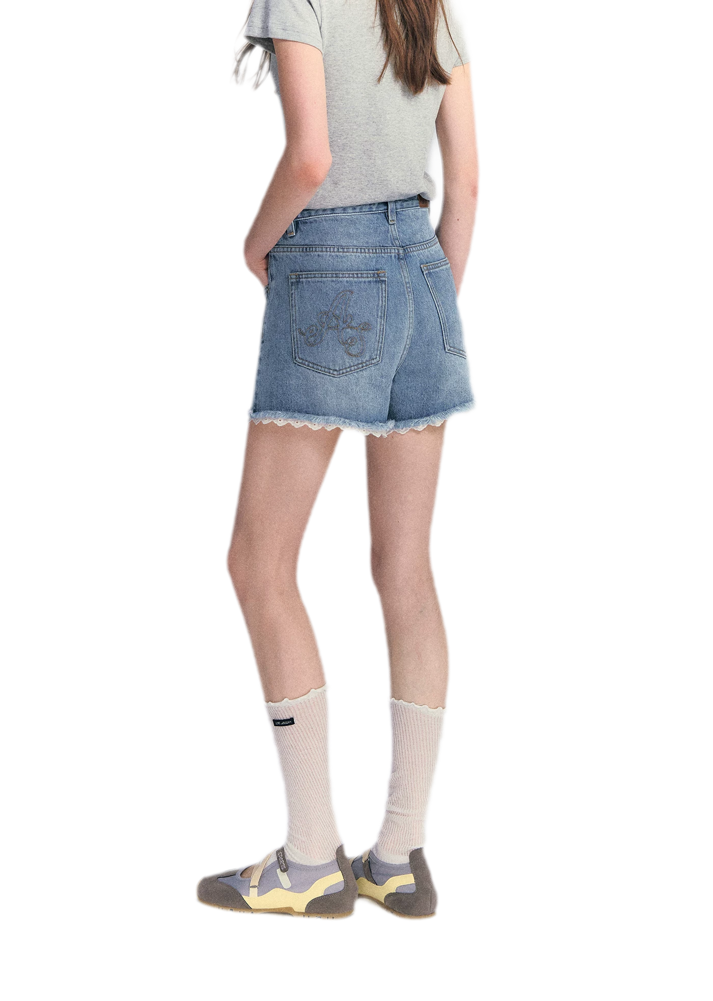 Lace Trim Washed Denim Shorts
